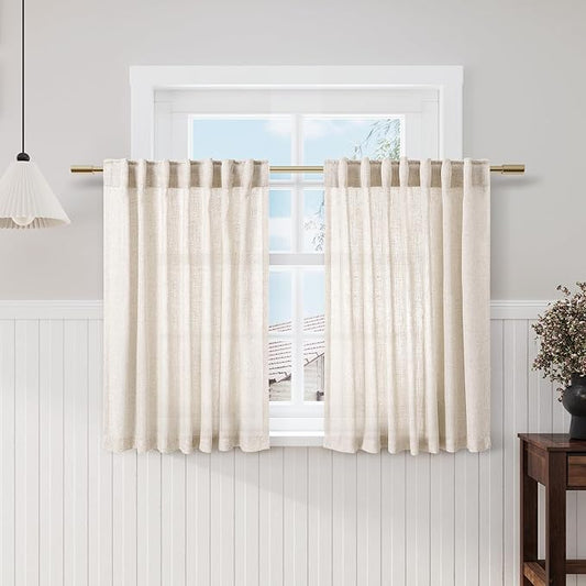 Beige Kitchen Curtains 36 Inch Length Set 2 Panel Back Tab Pocket Semi Sheer Light Filtering Short Drapes Linen Modern Farmhouse Curtain Tiers for Cafe Bathroom Basement Small Window 52x36