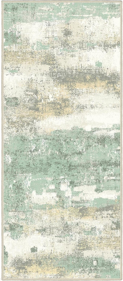BEIMO Runner Rug for Hallway Kitchen, 2'6"x4' Machine Washable Runners Rug for Entryway, Soft Modern Abstract Throw Rugs, Low Pile Floor Cover with Non Slip Backing, Light Green