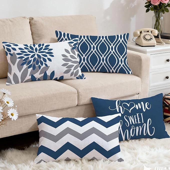 Hexagram Geometric Blue Pillow Covers 12x20 Set of 4, Decorative Outdoor Boho Modern Throw Pillow Covers, Home Sweet Home Farmhouse Cushion Case for Couch Sofa Bedroom Indoor Decor(No Insert)