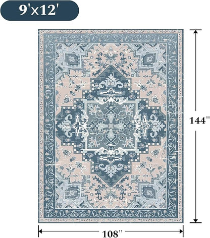 Rugflix 9x12 Area Rug for Living Room, Machine Washable Area Rugs with Non-Slip Backing, Large Soft Boho Vintage Rug for Bedroom, Dining Room, Low Pile Carpet, Kids Pet Friendly, Blue