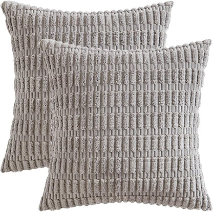 MIULEE Pack of 2 Corduroy Decorative Throw Pillow Covers 18x18 Inch Soft Boho Striped Pillow Covers Modern Farmhouse Home Decor for Sofa Living Room Couch Bed Light Grey