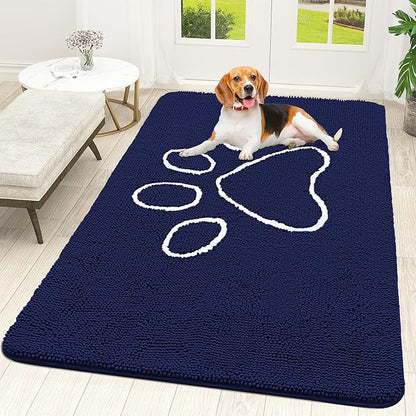 OLANLY Dog Door Mat for Muddy Paws 59x35, Paw Print Design, Absorbs Moisture and Dirt, Absorbent Non-Slip Washable Doormat, Quick Dry Chenille Mud Mat for Dogs, Entry Indoor Entryway Carpet, Navy Blue