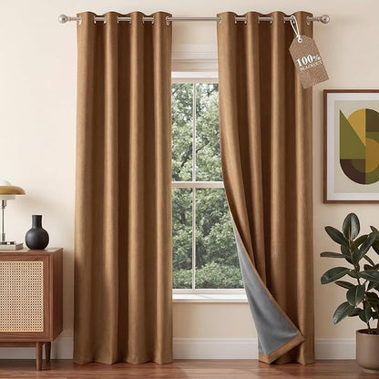 NICETOWN 100% Absolutely Blackout Linen Curtains for Bedroom Living Room, Gold Brown, 52" Wide, 2 Pieces, Privacy Vertical Thermal Insulated Window Drapes 84 inch Long for Shift Workers