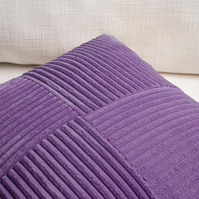 Fancy Homi Set of 2, Purple Patchwork Corduroy Decorative Soft Striped Modern Accent Cushion Case Farmhouse Boho Neutral Throw Pillow Covers for Chair Couch Bed Sofa Living Room 32x16 Inch