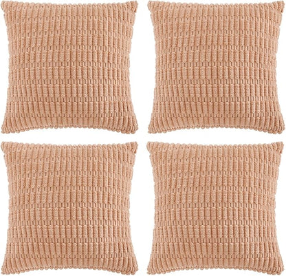 Fancy Homi 4 Packs Peach Decorative Throw Pillow Covers 18x18 Inch for Living Room Couch Bed, Rustic Modern Farmhouse Boho Home Decor, Soft Plush Corduroy Cute Accent Square Cushion Case 45x45 cm