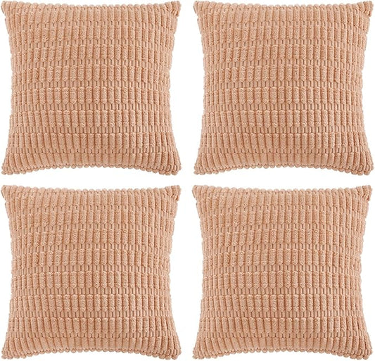 Fancy Homi 4 Packs Peach Decorative Throw Pillow Covers 18x18 Inch for Living Room Couch Bed, Rustic Modern Farmhouse Boho Home Decor, Soft Plush Corduroy Cute Accent Square Cushion Case 45x45 cm