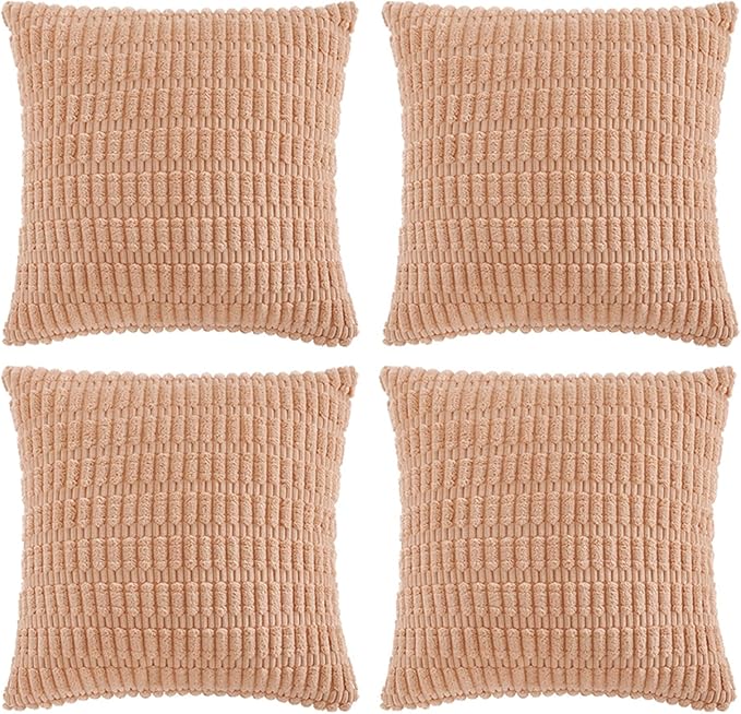 Fancy Homi 4 Packs Peach Decorative Throw Pillow Covers 22x22 Inch for Living Room Couch Bed, Rustic Modern Farmhouse Boho Home Decor, Soft Plush Corduroy Cute Square Accent Cushion Case 55x55 cm