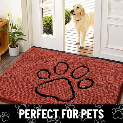 Smiry Dog Door Mat for Muddy Paws, Absorbent Dirt Trapper Non Slip Quick Dry Washable Chenille Mat for Mud Dogs, Entry Rug for Indoor and Outdoor (48x30 Inches, Maple Red and Black)