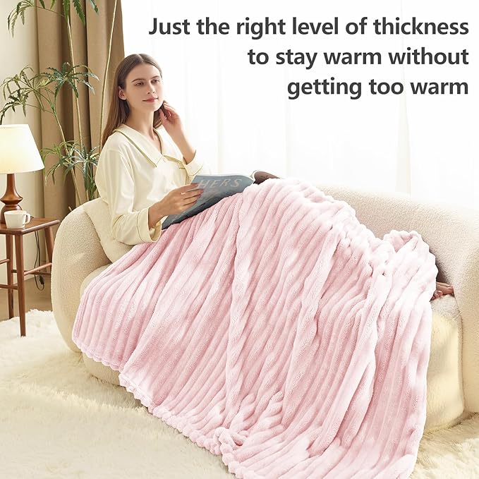 HIMEET Pink Ribbed Throw Blanket for Couch - 300GSM Lightweight Soft Fleece Blanket for Women, Cozy Blankets for Mothers Gifts, Striped Spring Home Room Decor, Pink, 50x60 Inches