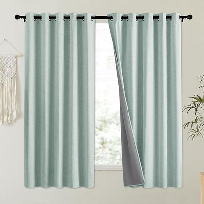 NICETOWN 100% Absolutely Blackout Linen Curtains with Thermal Insulated Liner, Seafoam Green, 62" Wide, 63" Length Energy Saving Curtains for Kitchen 2 Panels Set, Vertical Blinds
