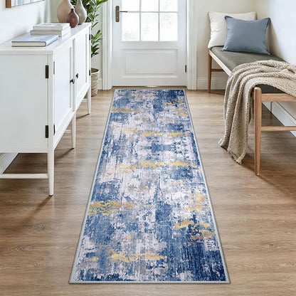 Washable Area Rugs 3x8 Non-Slip Modern Abstract Soft for Living Room Entryway Bedroom Nursery, Print Pattern, Grey Blue Gold/Golden