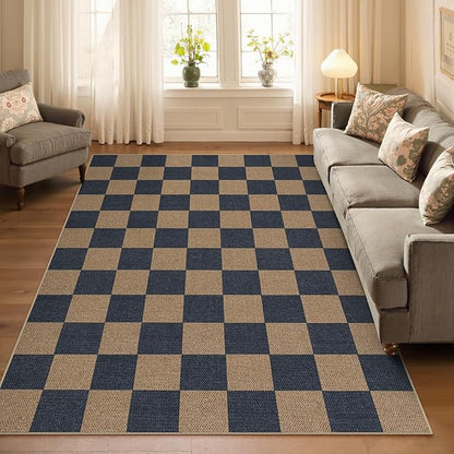 Lahome Colette Checkered Easy Jute Living Room Rugs, 5x7 Dining Room Office Rug Farmhouse Outdoor Patio Carpet, Checkerboard Washable Non Slip Indoor Outdoor Blue Carpet for Backyard Entry Deck