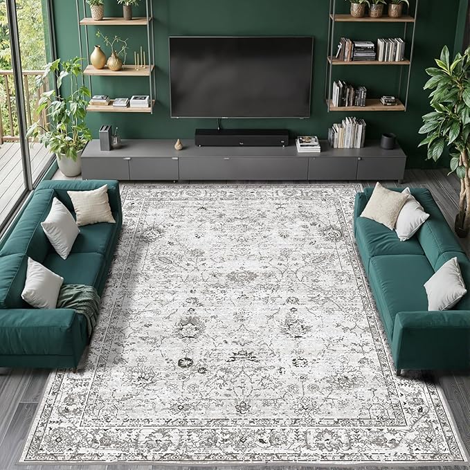 Grey White Area Rugs 5x8 for Living Room Bedroom, Non-Slip Washable Rugs Stain Resistant Boho Rug Low Pile Rug for ‎Dining Room Office (5 x8, Grey White)