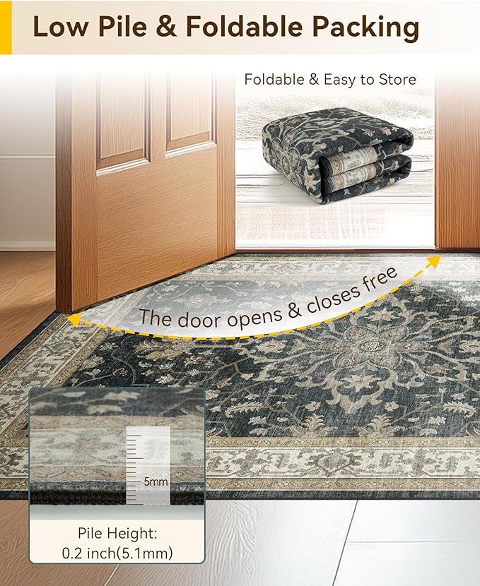 RELEANY Area Rugs 6'x9' Washable Non-Slip, Floral Vintage Distress Print Pattern Medallion Carpet for Living Room Bedroom Dining Room, Vintage Black Brown Neutral
