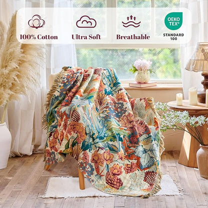 MSGKV Boho Throw Blanket for Couch 100% Cotton Floral Blanket 50"x60" Sofa Bed Chair Blanket All Seasons Farmhouse Muslin Spring Breathable Lightweight Blankets Home Decor