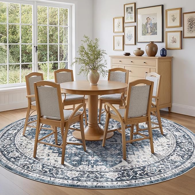 AMADA HOMEFURNISHING Round 8ft Area Rugs, Low-Profile Washable Rug with Non-Slip Backing & Durable Edge Binding, Vintage Rugs for Living Room, Bedroom, Dinning Room