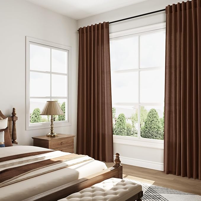 Mocha Brown Linen Curtains Semi Sheer96 Inches 2 Panels for Living Room Back Tab Rod Pocket Light Filtering for Bedroom Dinning Room Vintage Rustic Farmhouse Coastal Decor Protect Privacy 52x96