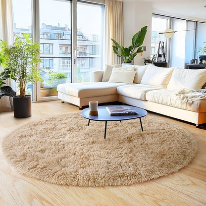 5'x5' Beige Round Rug for Bedroom, Ultra Soft Fluffy Circle Rug for Kids Girls Boys Room, Cute Shag Rugs for Living Room Playroom Tent Castle Home Decor Rug