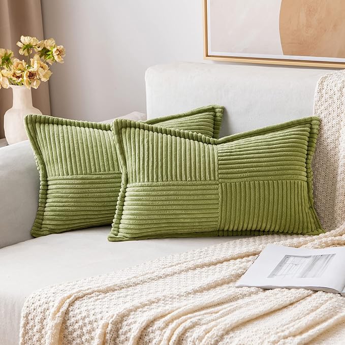 MIULEE Spring Decorative Lumbar Throw Pillow Covers for Couch Bed Livingroom 12x20 Inch Set of 2 Green Boho Accent Throw Pllows Broadside Striped Patchwork Soft Corduroy Summer Pillowcases