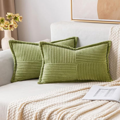MIULEE Spring Decorative Lumbar Throw Pillow Covers for Couch Bed Livingroom 12x20 Inch Set of 2 Green Boho Accent Throw Pllows Broadside Striped Patchwork Soft Corduroy Summer Pillowcases