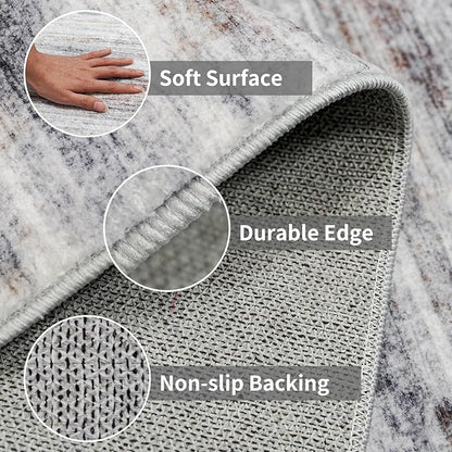 4x12 Runner Rug for Wide Hallway: Long Washable Runners for Entryway Living Room Dining Room - Stain and Water Resistant Rugs with Non-Slip Backing - Soft Low-Pile Carpet Beige Grey
