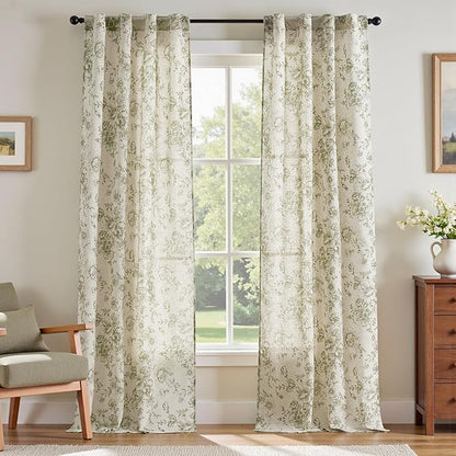 jinchan Linen Floral Curtains 96 Inch Length for Living Room Bedroom Light Filtering Farmhouse Peony Flower Drapes Rustic Window Curtain Set Rod Pocket Back Tab 2 Panels Green