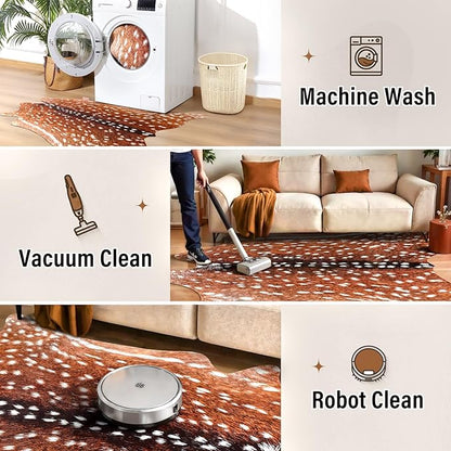 AROGAN Premium Deer Print Rug 5.2x6.2 Feet, Machine Washable Faux Fur Rug, Non-Slip Animal Print Hide Deer Skin Area Rug for Bedroom Living Room Home Decor