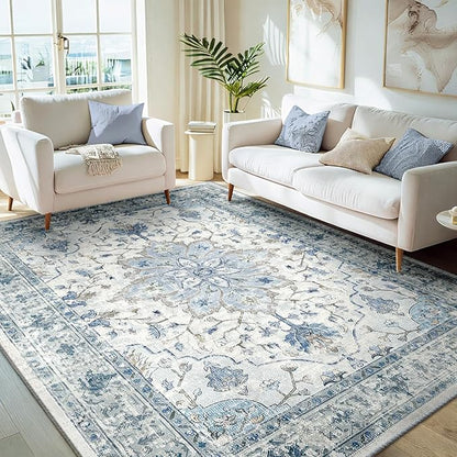 Area Rugs 5'x7' Washable Non-Slip, Floral Vintage Distress Print Pattern Medallion Carpet for Living Room Bedroom Dining Room, Light Blue Navy Beige Gray White