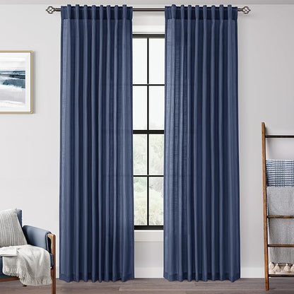 Navy Blue Curtains 120 inch Length for Bedroom Back Tab Light Filtering Semi Sheer Blue Living Room Curtains Linen Cotton Textured Indigo Blue Drapery Panel Modern Aesthetic Decor 60" Wx120" L