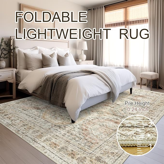 9x12 Area Rugs for Living Room, Non Slip Machine Washable Vintage Rugs, Low Pile Lightweight Large Rug for Bedroom, Dining Room, Home Office Brown Pink
