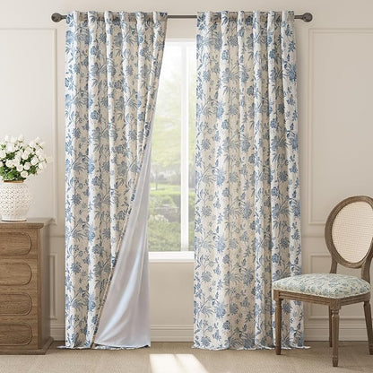 jinchan Lined Linen Floral Curtains for Living Room, 96 Inch Length Printed Flower Farmhouse Patterned French Country Back Tab Blue Window Drapes Set Privacy Bedroom Curtains, 2 Panels