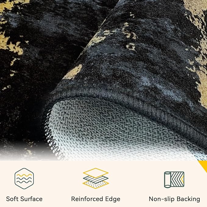 Washable Area Rugs Square 8ft Non-Slip Modern Abstract Soft for Living Room Entryway Bedroom Nursery, Print Pattern, Dark Black Gold