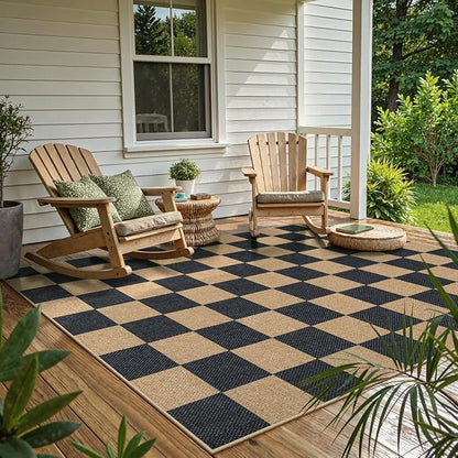 Lahome Checkered Easy Jute Area Rug, 5x7 Outdoor Patio Rug Washable Carpet for Living Room Checkerboard Indoor Outdoor Carpet, Farmhouse Geometric Non Slip Black Mat for Backyard Dining Room