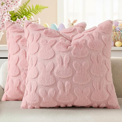 decorUhome Easter Bunny Pillow Covers 16x16 Inch Set of 2, Soft Plush Faux Wool Jacquard Pink Rabbit Cushion Covers, Farmhouse Neutral Spring Easter Holiday Decor for Couch Sofa Bed