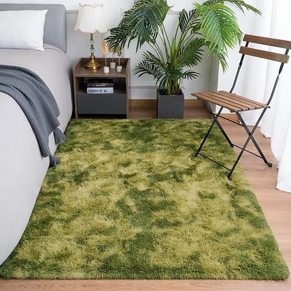 Goideal Fluffy Rug for Bedroom Living Room, 4x6 Green Area Rugs, Faux Fur Shag Modern Carpet Ultra Soft Girls Boys Room Home Decor, Tie-Dyed