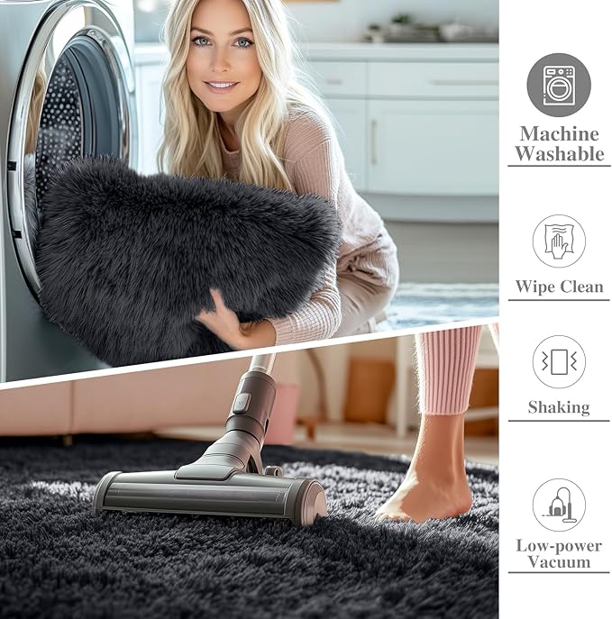 OLANLY 8x11 Machine Washable Large Area Rugs for Living Room, Bedroom, Soft Fluffy Shaggy Bedside Rug, Indoor Floor Carpet for Kids Girls and Boys, Dorms, Nursery, Home Decor Aesthetic, Black