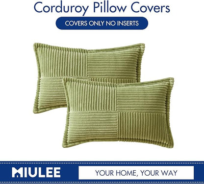 MIULEE Spring Decorative Lumbar Throw Pillow Covers for Couch Bed Livingroom 12x20 Inch Set of 2 Green Boho Accent Throw Pllows Broadside Striped Patchwork Soft Corduroy Summer Pillowcases