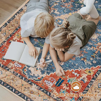 Area Rug 5x7 Washable Rug, Vintage Boho Medallion Rugs Non-Slip Soft Low Pile Large Distressed Rug Indoor Retro Carpet for Living Room Bedroom Dining Room Office (TribalMedallionMulti, 5'x7')