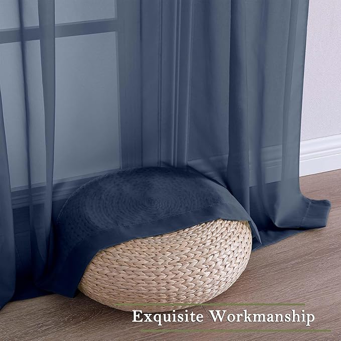 Lecloud Navy Blue Sheer Curtains 63 Inch Length 2 Panels, Rod Pockets Window Treatments Light Filtering Bedroom Curtains for Living Room, Soft Home Drapes for Bathroom, Each Panel 59" W x 63" L
