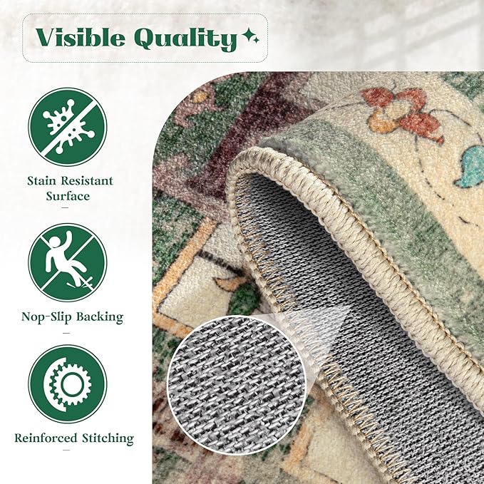 Area Rug 8x10 Washable Rug, Vintage Boho Medallion Rugs Non-Slip Soft Low Pile Large Distressed Rug Indoor Retro Carpet for Living Room Bedroom Dining Room Home Office (Green Beige, 8'x10')