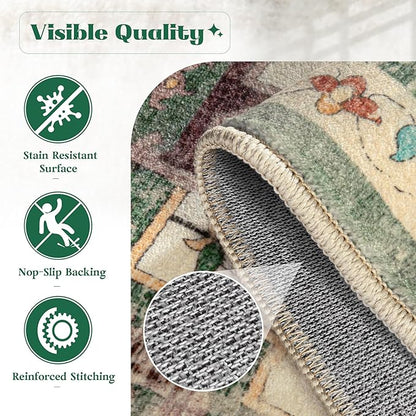 Area Rug 8x10 Washable Rug, Vintage Boho Medallion Rugs Non-Slip Soft Low Pile Large Distressed Rug Indoor Retro Carpet for Living Room Bedroom Dining Room Home Office (Green Beige, 8'x10')