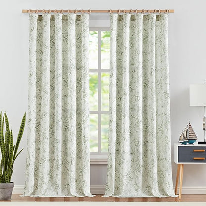 jinchan Floral Curtains 96 Inches Long Sage Green Flower Linen Farmhouse Curtain for Living Room French Country Vintage Curtain Rod Pocket Curtains Set 2 Panels Floral Printed