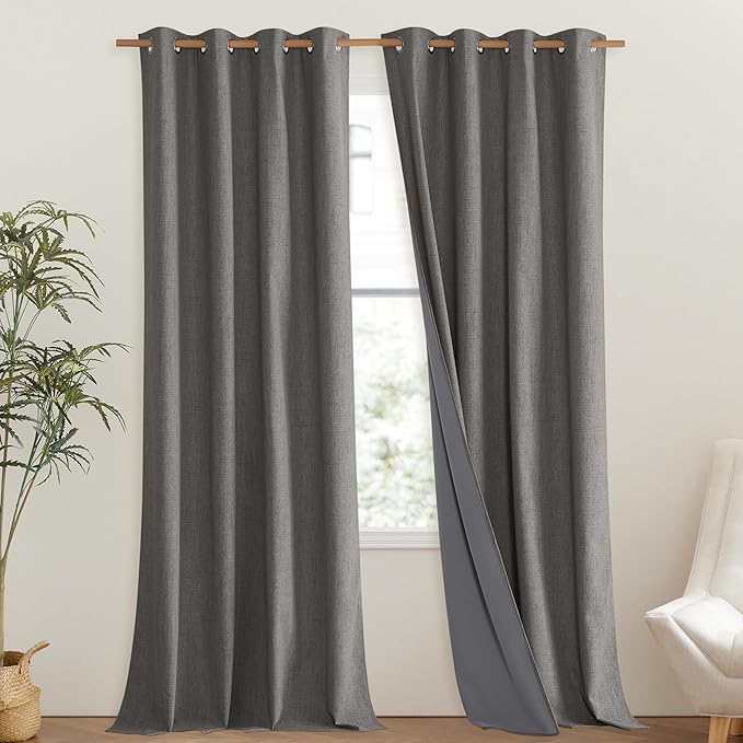 NICETOWN Grizzle Gray Vintage Linen 100% Blackout Curtains for Living Room, Thermal Insulated Curtains 95" Long, Noise Reducing Window Treatment Drapes for Bedroom, 52" Wide Per Panel, Set of 2