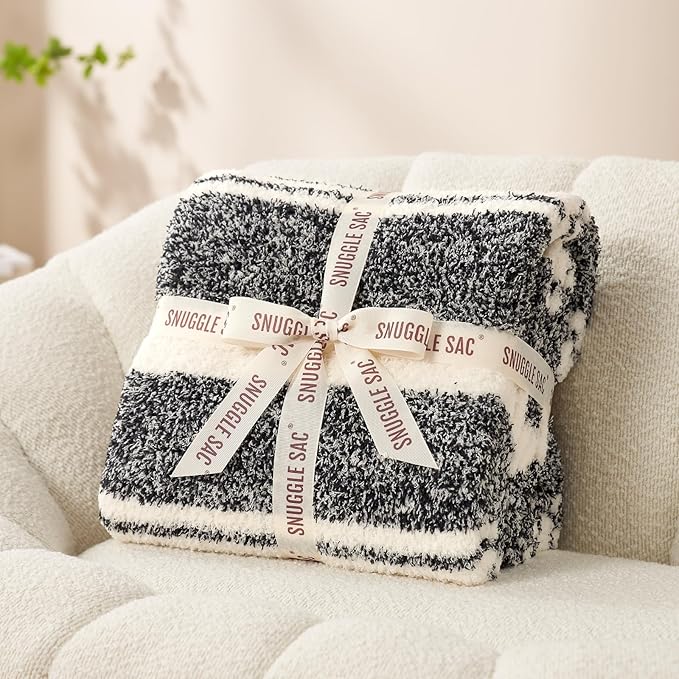 Snuggle Sac Heather Throw Blanket for Couch, Reversible Super Soft Blankets Warm Cozy Knit Fuzzy Plush Lightweight for Sofa, Bed, Camping, Picnic (Stripe Black, Queen (90"x90"))