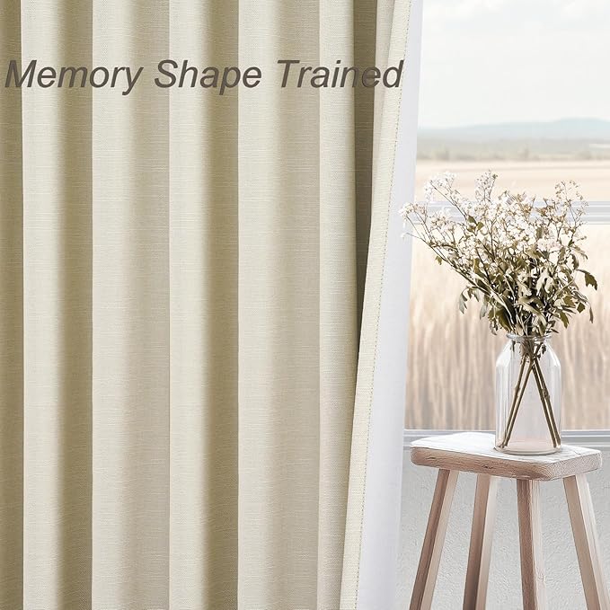 Topfinel 92 Inches Long Custom Black Out Drapery Panels, Rustic Burlap Textured Opaque Pleated Window Coverings, Kids Cream Boho Heat Blocking Back Tab Curtains for Sunroom Bay Window