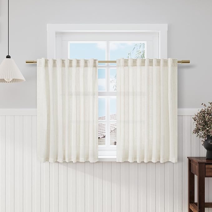 Nanspring Cream Cafe Curtains 48 Inch Length Set 2 Panel Back Tab Pocket Semi Sheer Short Linen Cream Curtain Tiers for Small Bathroom Window Basement 52x48