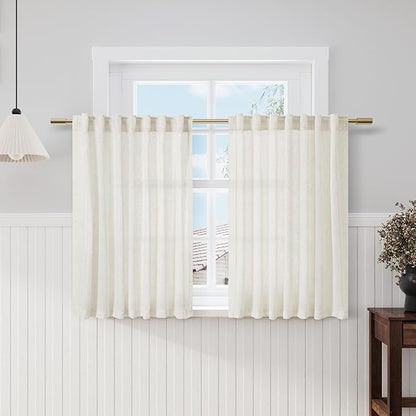 Nanspring Cream Cafe Curtains 48 Inch Length Set 2 Panel Back Tab Pocket Semi Sheer Short Linen Cream Curtain Tiers for Small Bathroom Window Basement 52x48