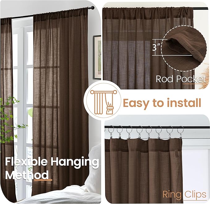 BGment Linen Curtains 54 Inch Length for Window, Brown Semi Sheer Drapes Light Filtering Textured for Living Room Kitchen Bathroom Decor Rod Pocket, 2 Panels Set, Each 42 Inch Wide