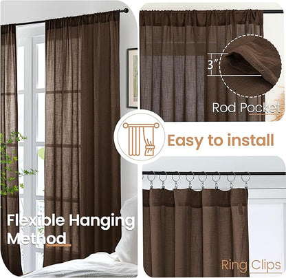 BGment Linen Curtains 54 Inch Length for Window, Brown Semi Sheer Drapes Light Filtering Textured for Living Room Kitchen Bathroom Decor Rod Pocket, 2 Panels Set, Each 42 Inch Wide