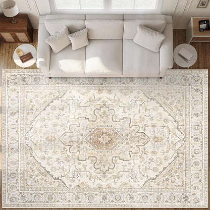 Area Rugs 9x12 Vintage Rug: Large Washable Living Room Rug Retro Medallion Distressed Soft Low Pile Non-Slip Indoor Floor Carpet for Bedroom Dining Table Office (BeigeBrown,9'x12')